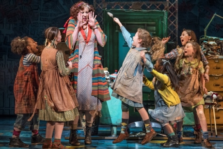 Miranda Hart Miss Hannigan with the Orphans in Annie at the Piccadilly Theatre  Photo credit Paul Coltas